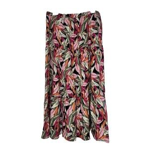 New LOFT Beach Skirt Womens L 100% Linen Leaf Printed Boho Elastic Waist Midi